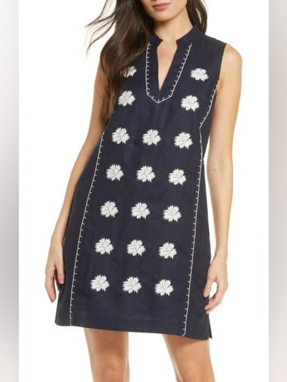 Tory Burch Embroidered Navy Sleeveless Pocket Beach Dress Sz Small